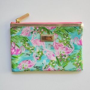 Lilly Pulitzer Pink Flamingo Cosmetic Pouch with Aqua and Green Print